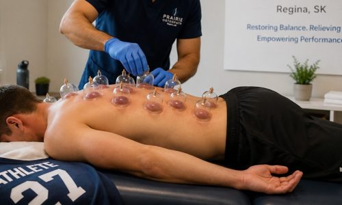Athelete getting cupping therapy in Prairie Osteopath Clinic at Regina SK